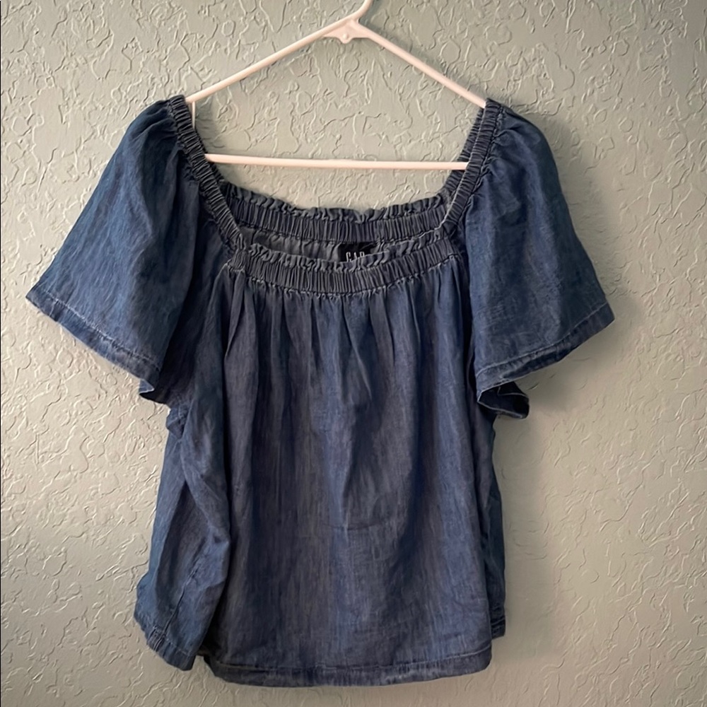 GAP Blue Smocked Puff Sleeve Blouse